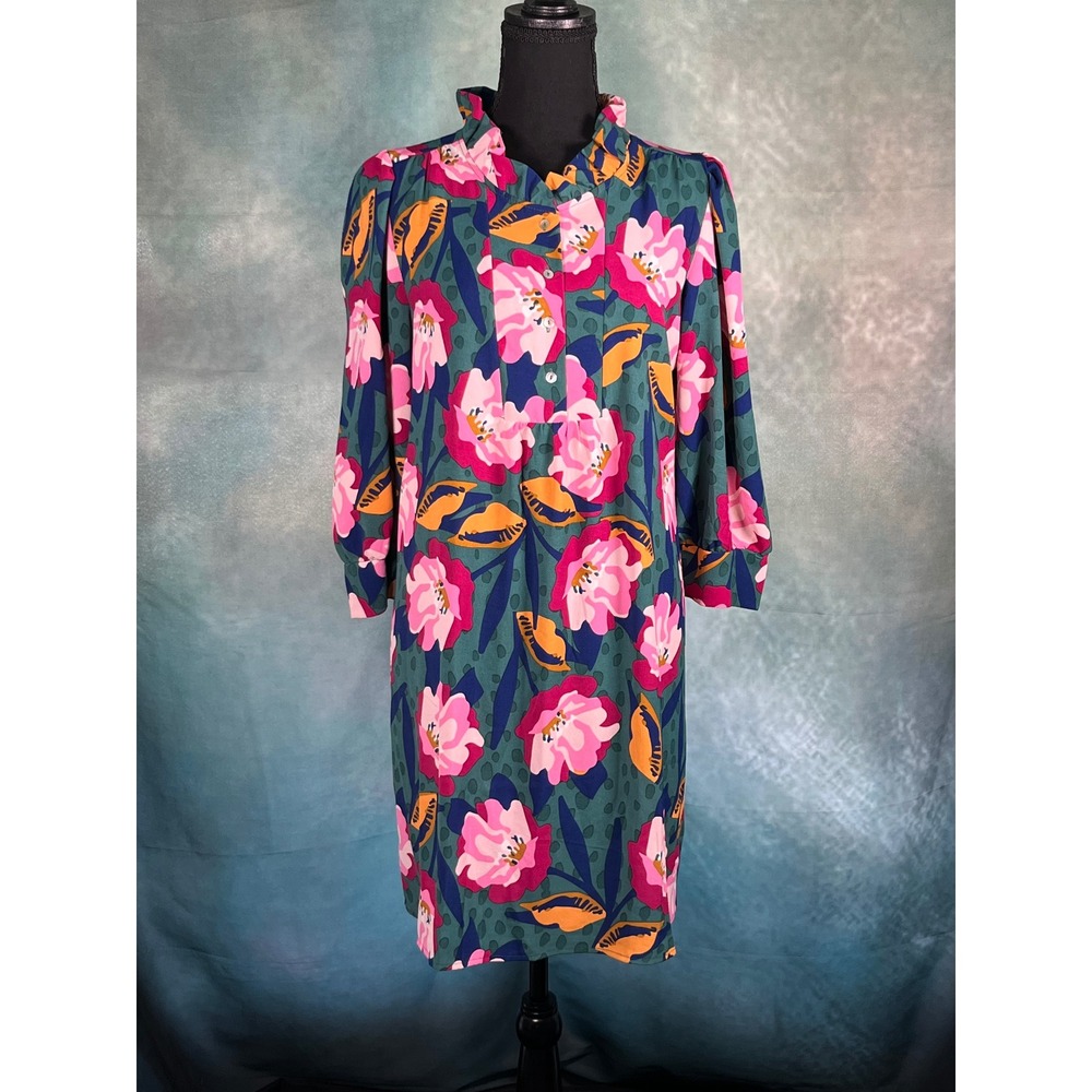 Michelle McDowell Floral Ruffle Neck Shift Dress Green Pink Orange Size Medium